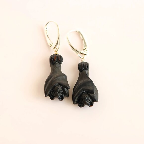 Baltic Black Amber Bat Earrings with 925 Sterling Silver - Picture 2 of 3